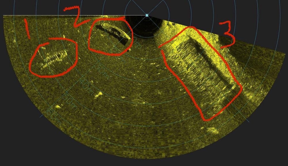 Sonar screenshot with three potential targets circled for follow-up