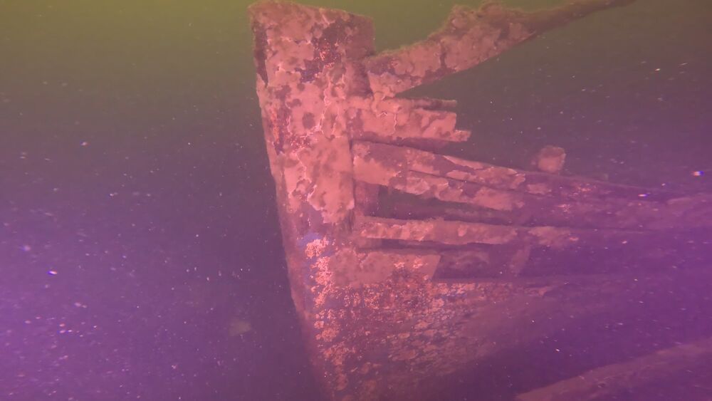 Bow of a wooden shipwreck underwater